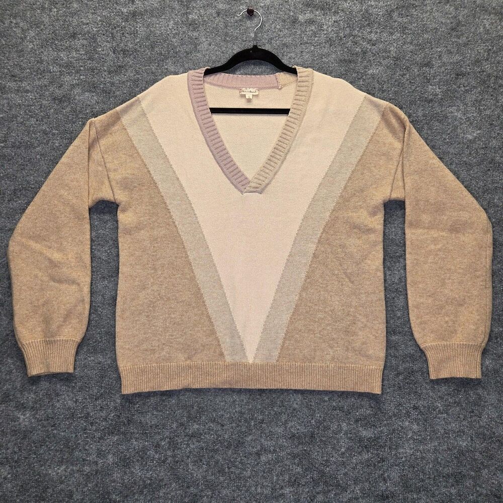 Hem & Thread Sweater Womens Large Beige Tan Colorblock V-Neck Pullover Knit